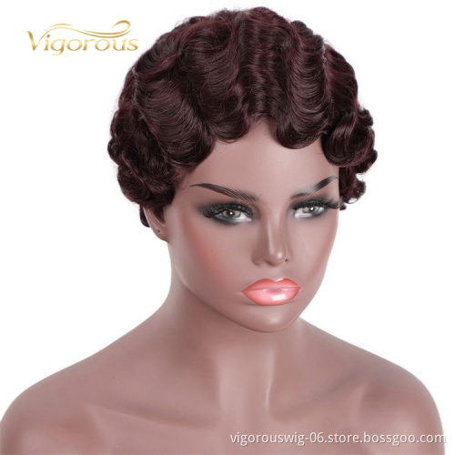 Vigorous Good Quality Finger Deep Wave Pixie Cut Red for Black Women Short Synthetic Wigs Wholesale Price